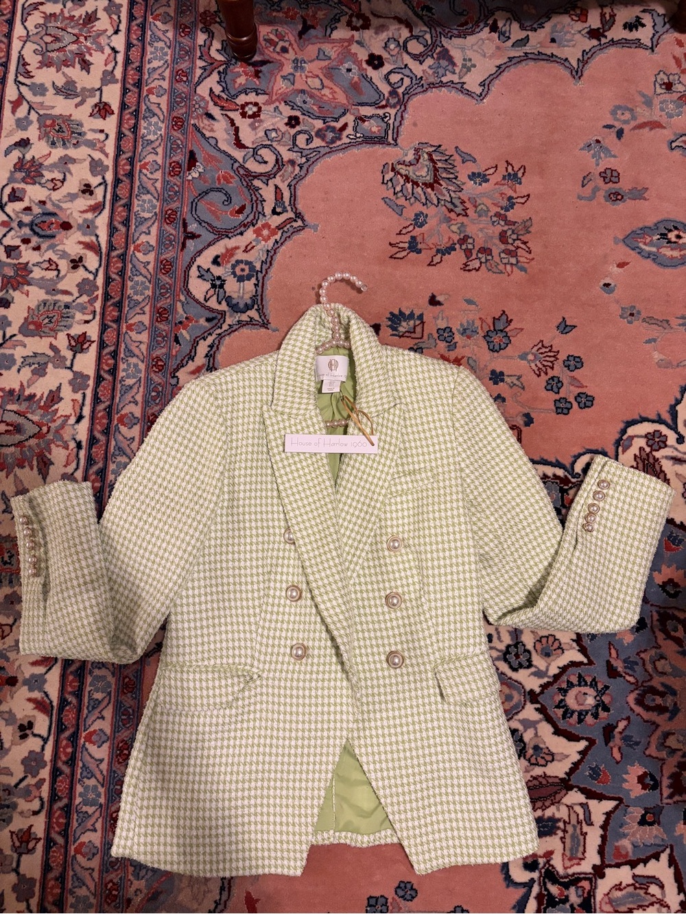 House of Harlow 1960 Light Green Houndstooth Double-Breasted Blazer